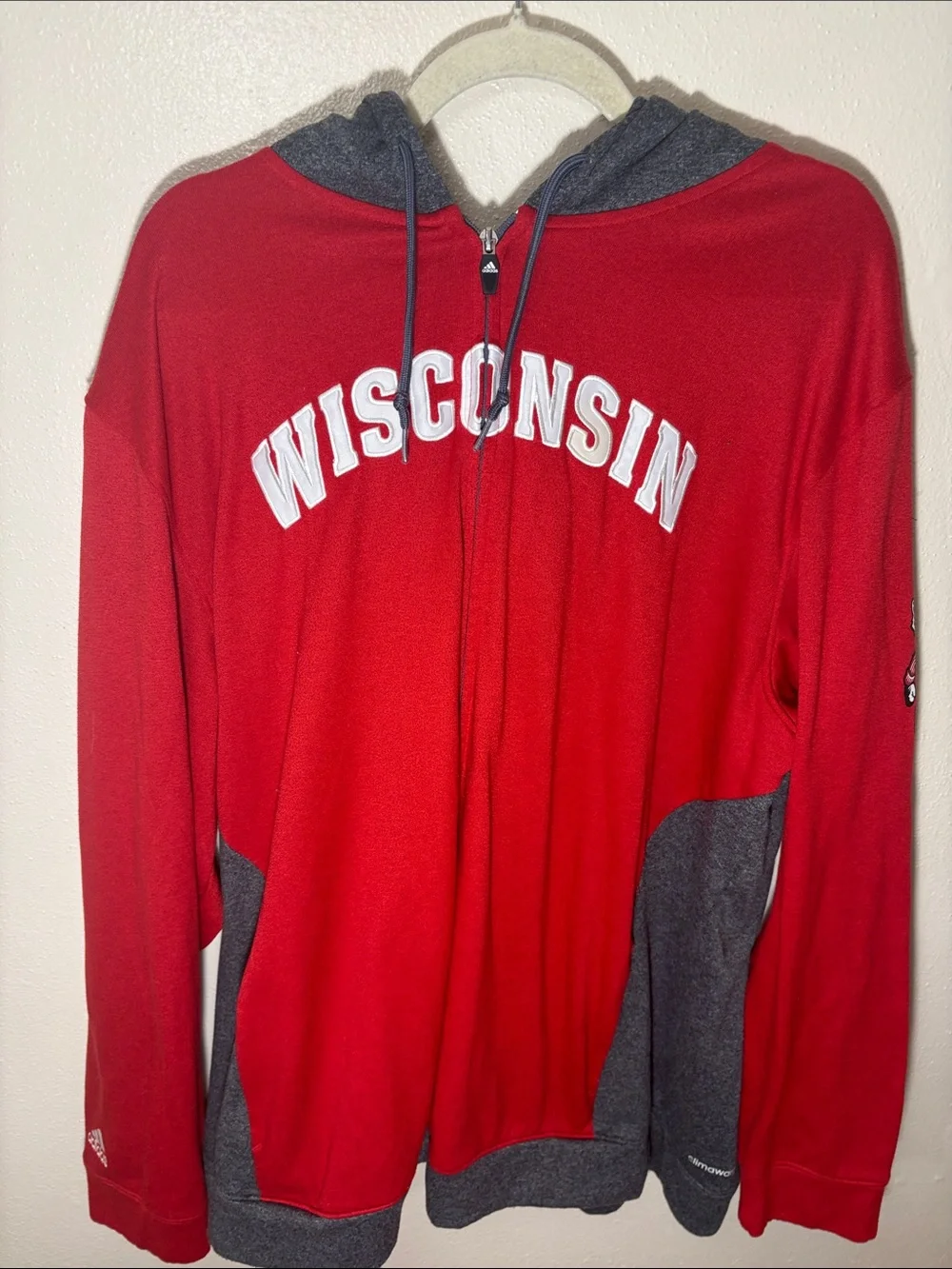 adidas Red and Gray Wisconsin Zip-Up Hoodie